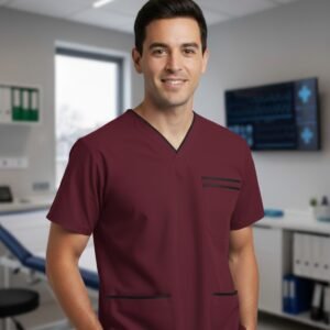 filipina médica para caballero color vino y cuello v